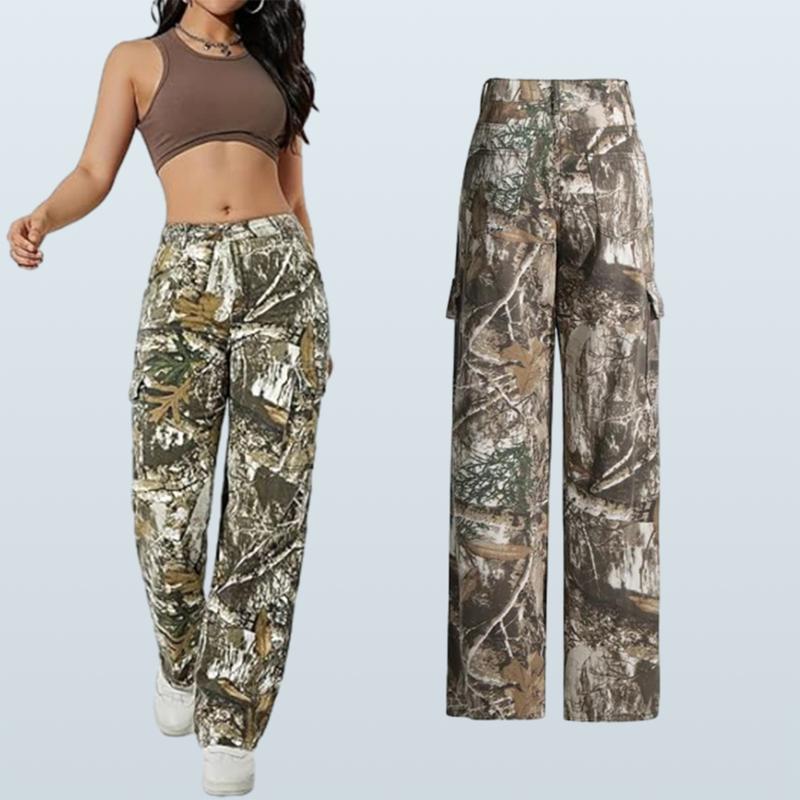 Women's Camouflage Overalls Straight Wide Leg Pants with Pocket Jeans Elastic High Waist Straight Sports Pants Camouflage Y2K Street Loose Pants European and American Retro Street Style