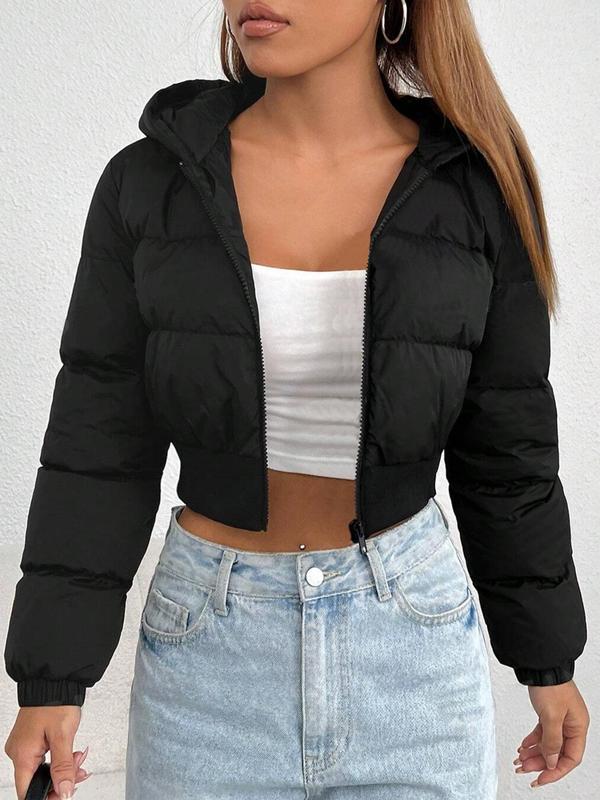 Women's Solid Zip Up Crop Winter Hooded Coat, Casual Jackets, Fashionable Long Sleeve Outerwear for Daily Outdoor Wear, Coats for Winter Women 2024, Women Clothing for Fall & Winter