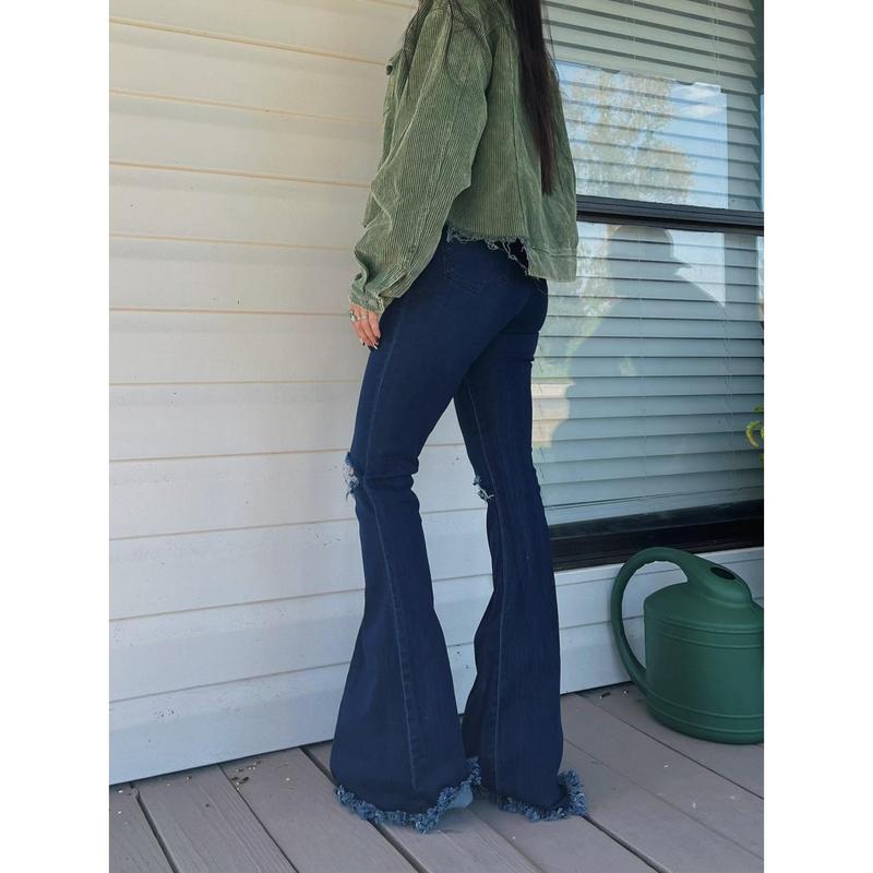 Farrah Denim Distressed High Waisted Flares - Dark Wash