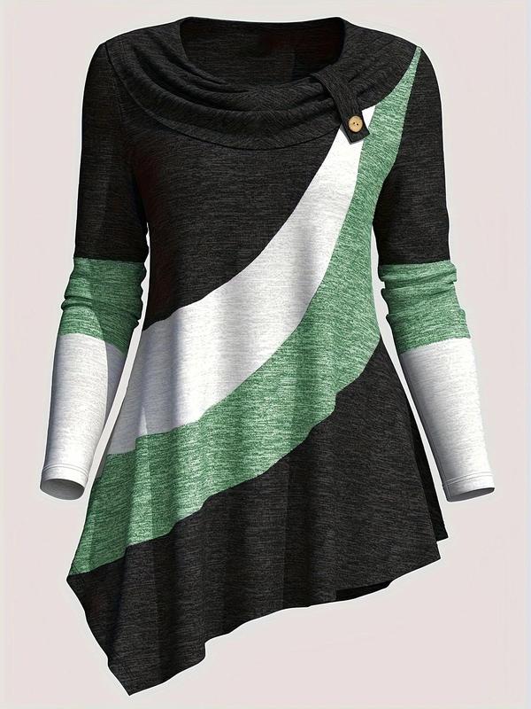 Women's Colorblock Asymmetrical Hem Button Tee, Casual Long Sleeve Cowl Neck T-shirt for Fall & Winter, T Shirts for Women, Women's Clothing for Daily Wear