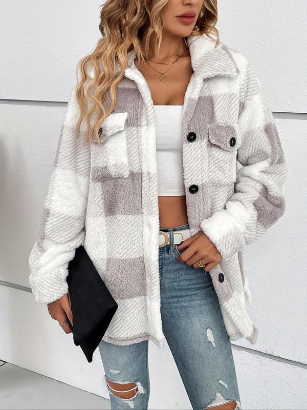 Women's Plaid Print Fuzzy  Jacket, Casual Long Sleeve Open Front Outerwear for Fall & Winter, Women's Clothes for Daily Wear