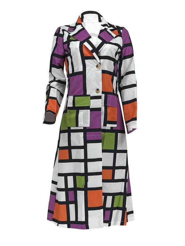 Women's Colorblock Geometric Print Double Button Lapel Coat, Casual Long Sleeve Pocket Outerwear for Daily Wear, Ladies Clothes for All Seasons