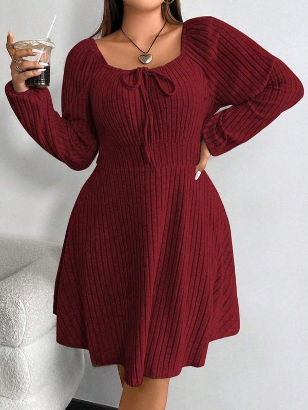  Solid Bishop Sleeve Tie Front Ribbed Dress, Casual Long Sleeve Square Neck A Line Dress for Spring & Fall, Women's Clothes for Daily Wear