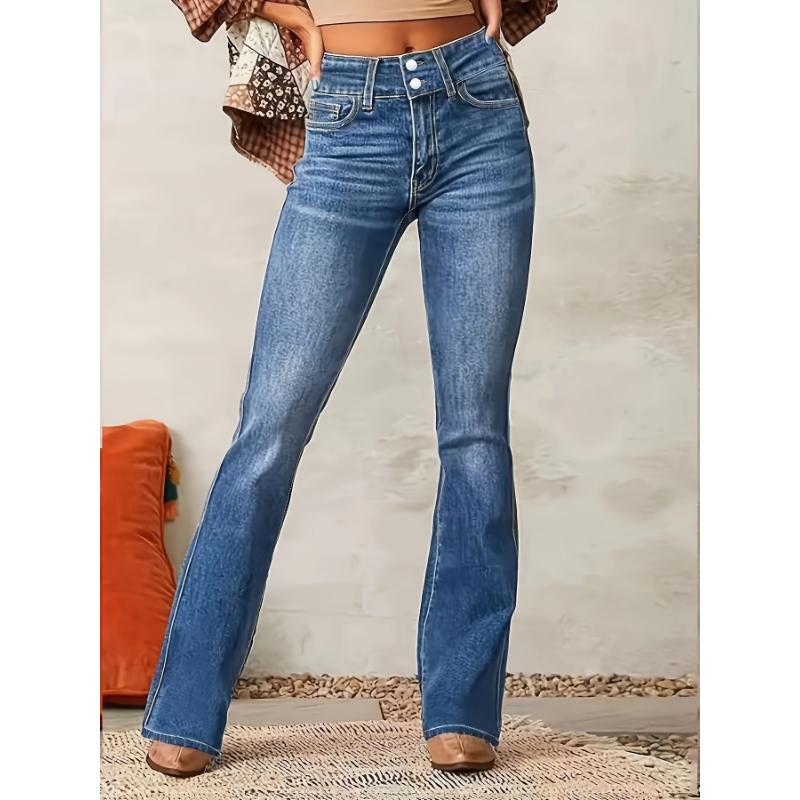 Women's Stretchy Bootcut Jeans with Double Button Closure - Casual Denim Flare Pants, Machine Washable