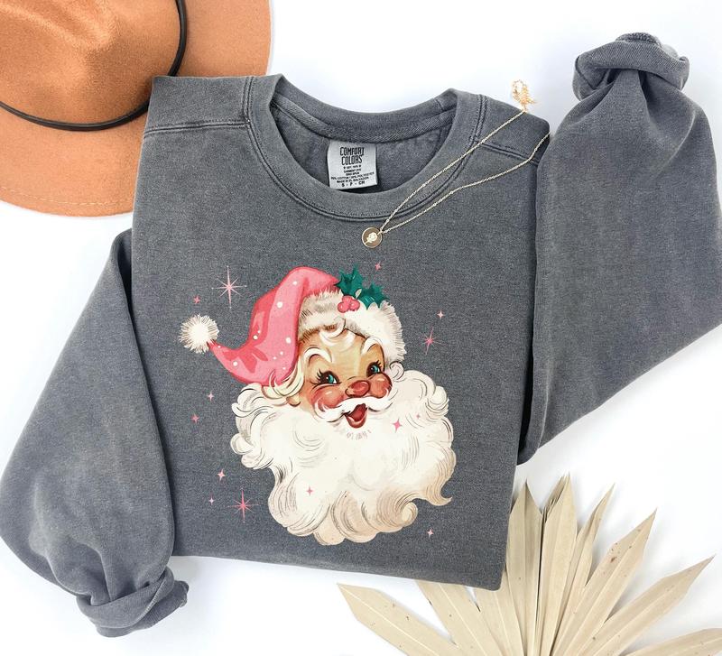 Pink Santa Retro Christmas T-Shirts Sweatshirts for Women Pink Christmas Matching Family Sweaters Pink Vintage Holiday Party