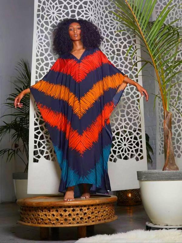  Striped Print Kaftan Dress, Dresses for Women, Beach Outfits, Boho Batwing Sleeve Split Hem Dress for Summer Beach Holiday Vacation, Summer Dresses 2024, Plus Size Women's Clothing for Daily Wear