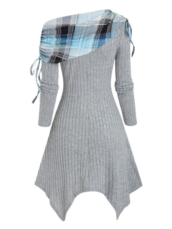 Women's Patchwork Plaid Print Drawstring Asymmetrical Dress, Casual Long Sleeve Button Decor A Line Dress for Spring & Fall, Fashion Women's Dresses for Daily Wear