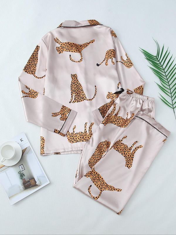 Two-Piece Set Women's Animal Print Contrast Binding Shirt & Elastic Waist Pants Satin Pyjama Set, Casual Comfy Long Sleeve Pocket Button Up Top & Trousers PJ Set, Ladies Sleepwear for All Seasons