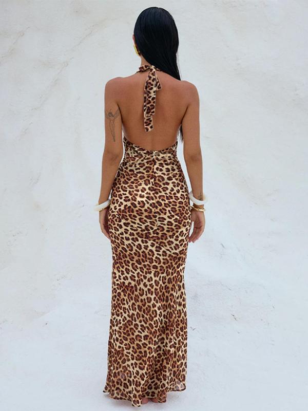 Women's Leopard Print Backless Halter Dress, Fashion Casual Tie Back Sleeveless Bodycon Dress for Party Club Dating Wear, Women Dress for Summer