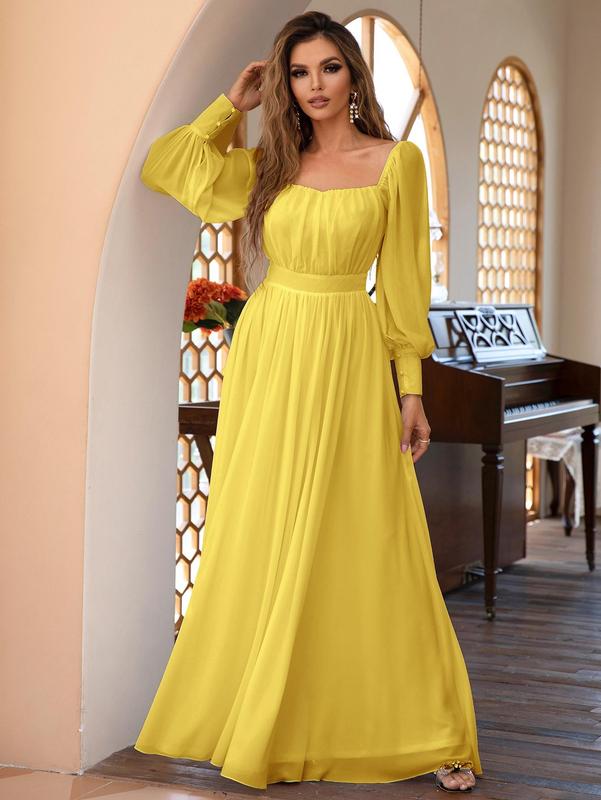 Women's Solid Fit and Flare Evening Dress, Ruched Square Neck Puff Sleeve Maxi Dress, Plain Long Sleeve A-Line Prom Dress for Guest Party Wear