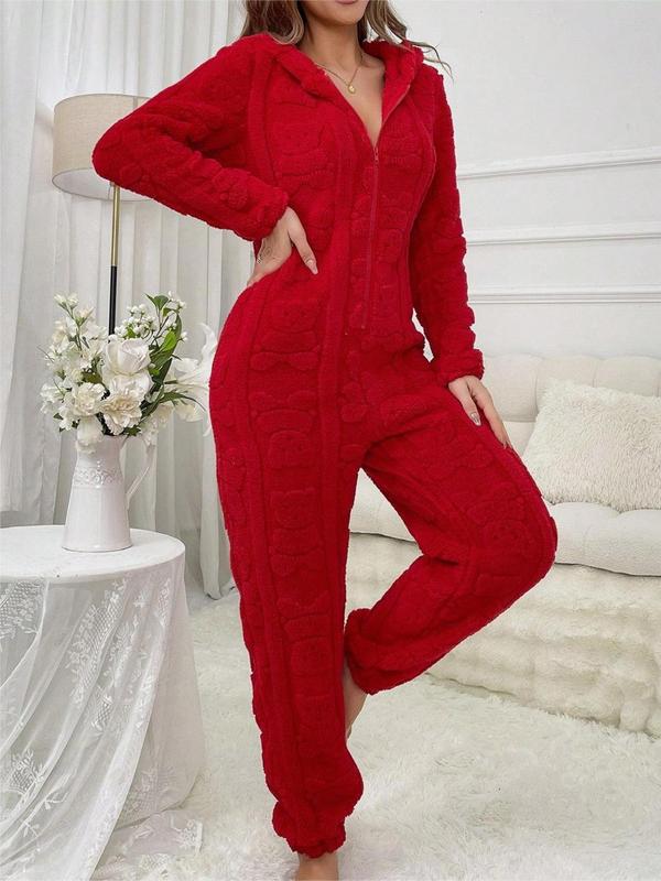 Women's Solid Textured 3d Ear Decor Half Zip Hooded Onesie, Cute Long Sleeve Plush Jumpsuit for Fall & Winter, Women's Sleepwear for Indoor Wear