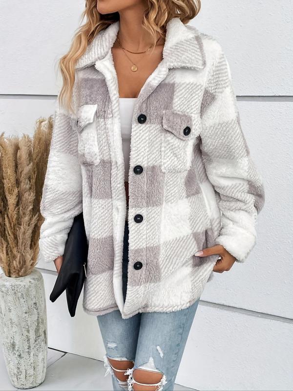 Women's Plaid Print Fuzzy  Jacket, Casual Long Sleeve Open Front Outerwear for Fall & Winter, Women's Clothes for Daily Wear