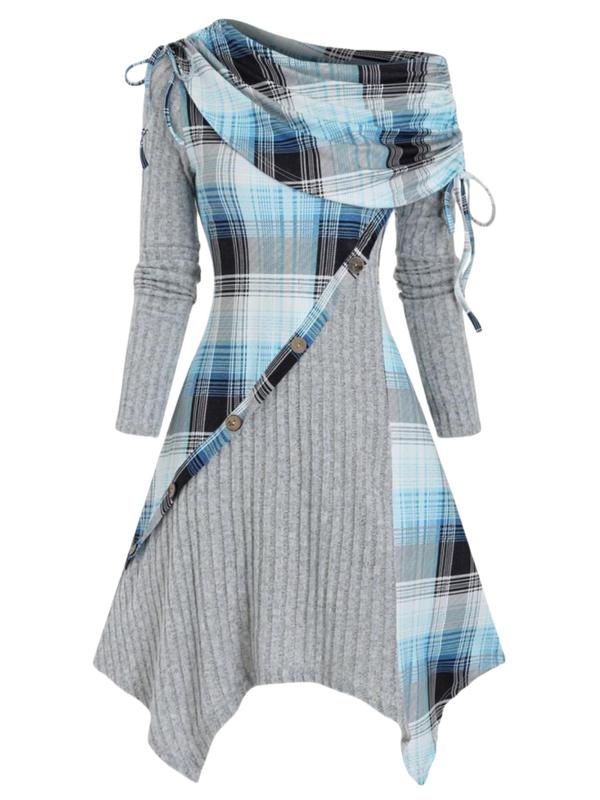 Women's Patchwork Plaid Print Drawstring Asymmetrical Dress, Casual Long Sleeve Button Decor A Line Dress for Spring & Fall, Fashion Women's Dresses for Daily Wear