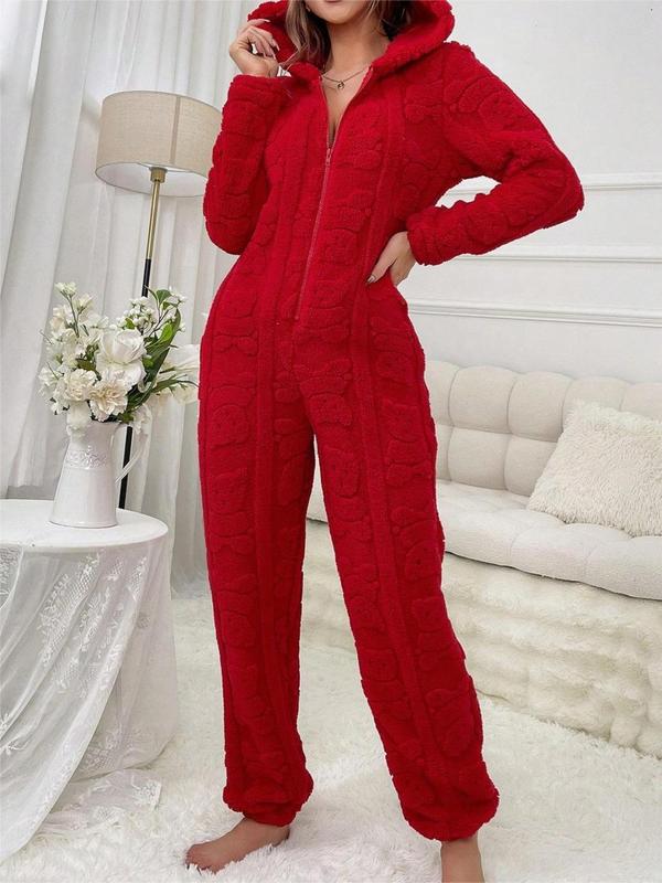 Women's Solid Textured 3d Ear Decor Half Zip Hooded Onesie, Cute Long Sleeve Plush Jumpsuit for Fall & Winter, Women's Sleepwear for Indoor Wear