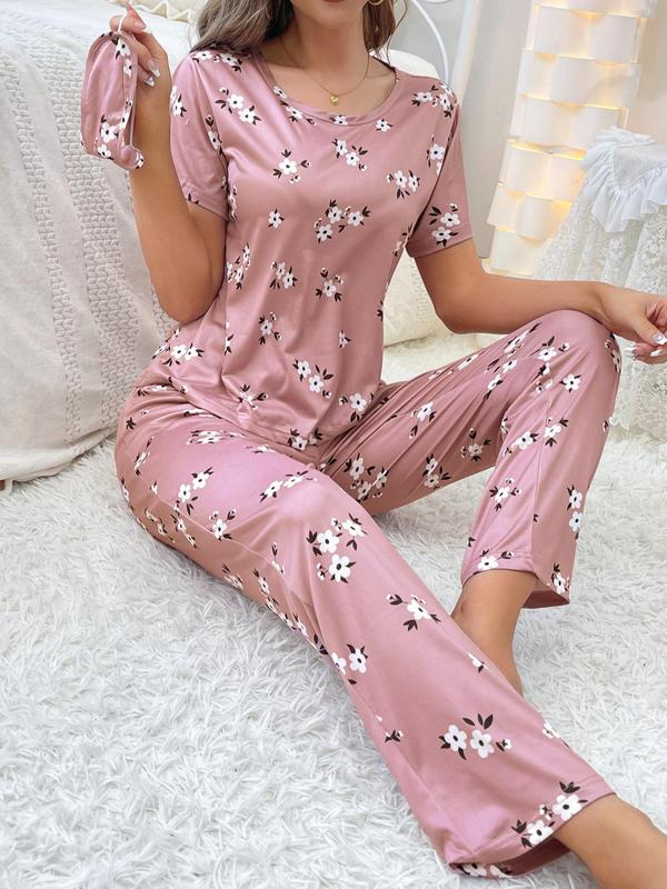 2 Piece Set Women's Floral Print Top & Elastic Waist Pants & Eye Cover Pyjama Set, Soft Comfy Lounge Set, Summer Wear 2024, Women's Sleepwear Lounge Co-ord Set