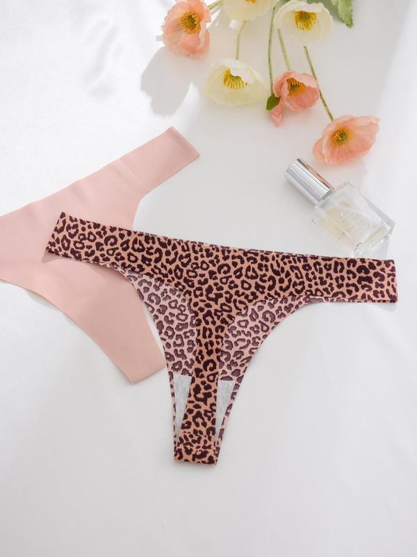 Women's Solid Color & Leopard Print Thong, Soft Comfy Breathable Seamless Panty for Daily Wear, Women's Underwear for All Seasons