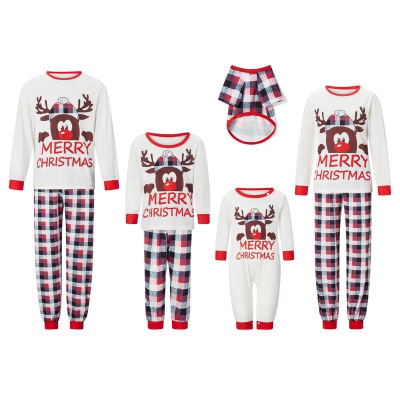 Christmas Family Pajamas Matching Set, Long Sleeve Cartoon Elk T-shirt with Plaid Pants Sleepwear Loungewear