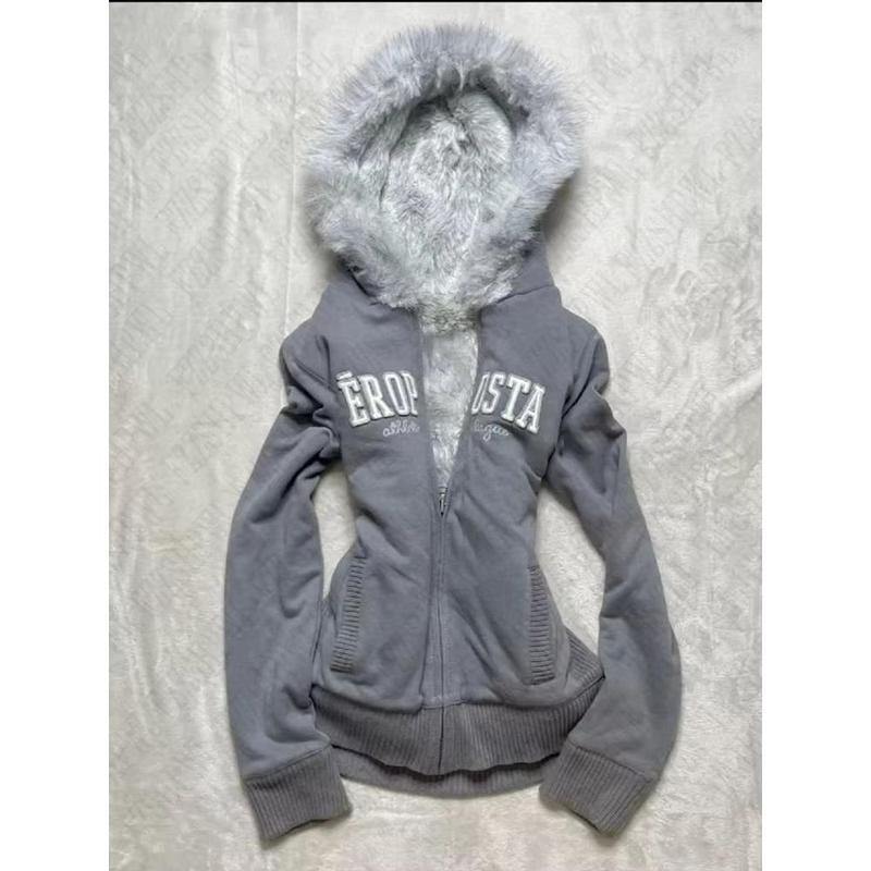 Y2K Goth Fur Collar Hooded Zipper Jacket Harajuku Letter Graphic Embroidery Slim Hoodie Autumn Winter Hot Girl Jacket Sweatshirt