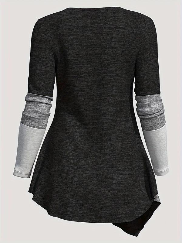 Women's Colorblock Asymmetrical Hem Button Tee, Casual Long Sleeve Cowl Neck T-shirt for Fall & Winter, T Shirts for Women, Women's Clothing for Daily Wear