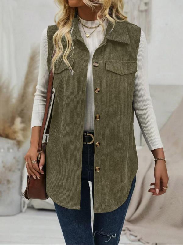 Women's Plain Button Front Pocket Vest Coat, Casual Sleeveless Collared Outerwear for Daily Wear, Ladies Clothes for All Seasons