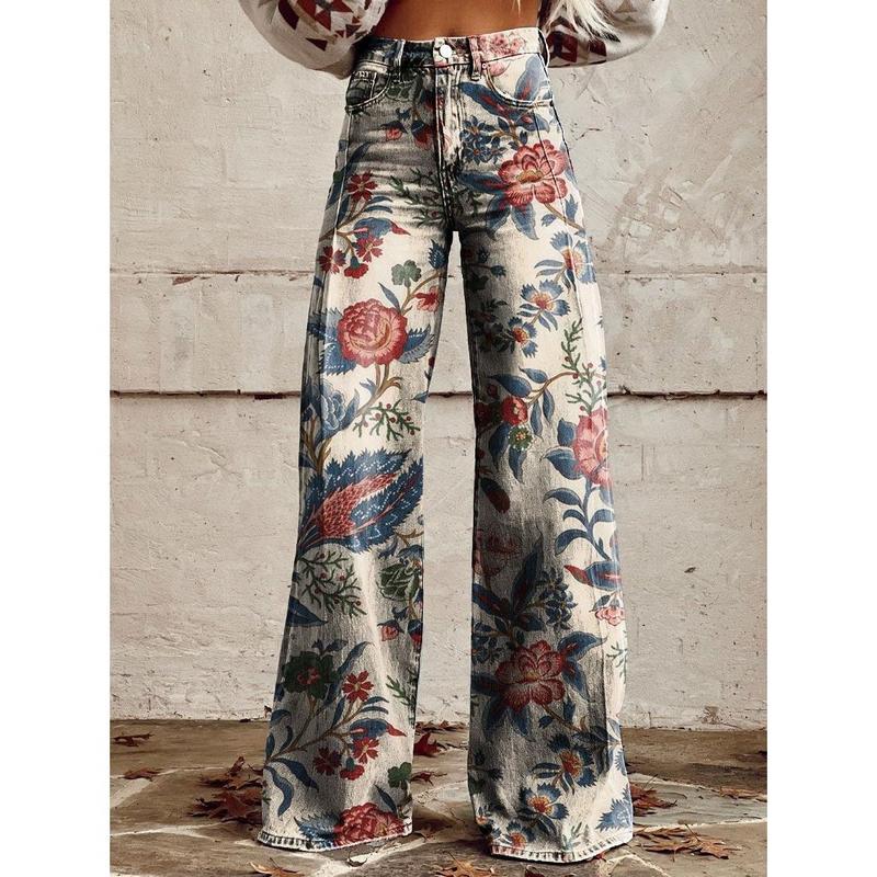 European and American plus Size Casual Pants Thin Imitation Jeans Wide Leg Pants 3D Hot Selling Women's Pants