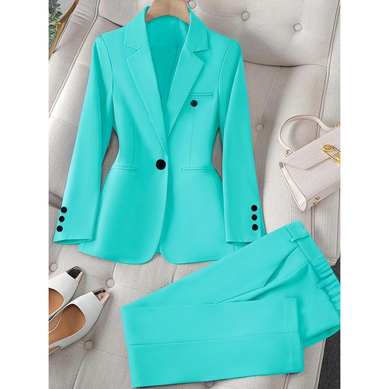 Long Sleeve Solid Color Elegant Suit Set, Slim Blazer & Straight Leg Pants, Women's Clothing