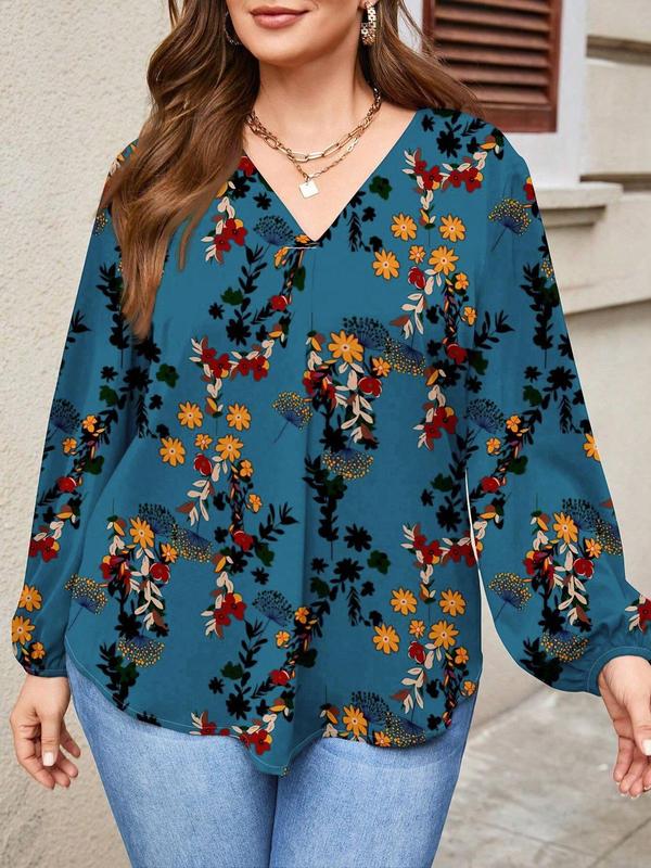  Floral Print Plicated Lantern Sleeve Blouse, Casual V Neck Long Sleeve Top for Spring & Fall, Women's Clothes for Daily Wear