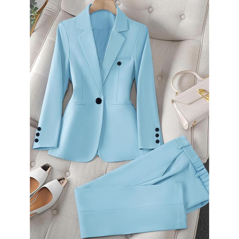 Long Sleeve Solid Color Elegant Suit Set, Slim Blazer & Straight Leg Pants, Women's Clothing