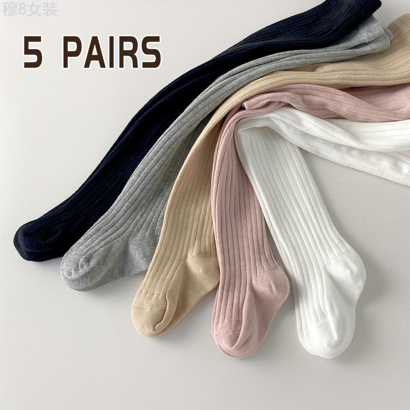 5 Pairs Girl's Knitted Solid Color Pantyhose, Cotton Blend Comfy Breathable Soft Slim-fit Socks For Outdoor Wearing