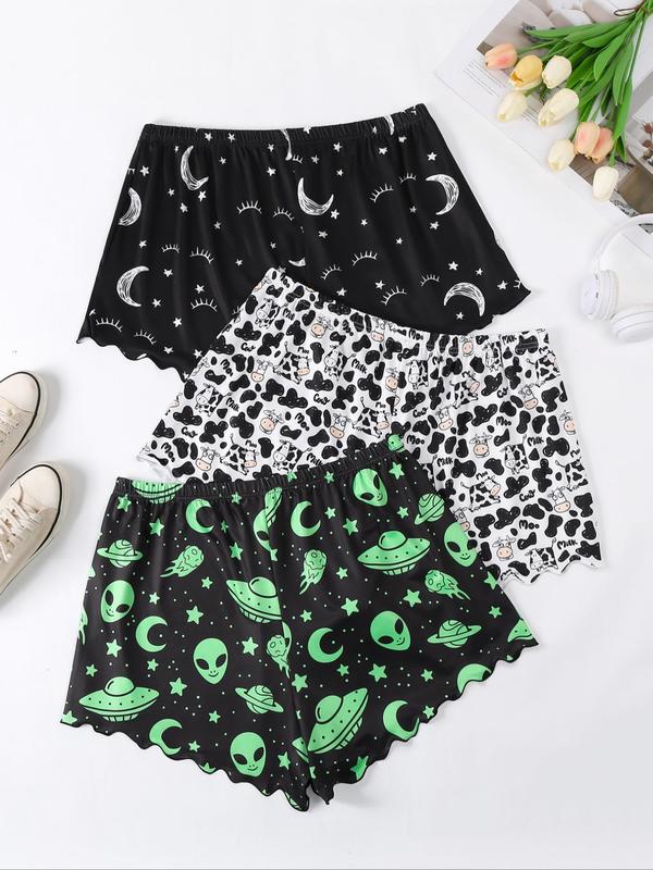  Back To School Moon cow alien Print Bow Decor Lettuce Trim Sleep Shorts, Halloween Pajamas, Casual Comfy Halloween Themed Elastic Waist Sleep Bottoms for Women, Halloween Pajamas, Women's Sleepwear for Fall