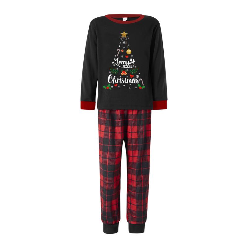 Matching Christmas Pajamas For Family, Letter & Snowflake Print Long-Sleeved Tops + Plaid Trousers Sleepwear Outfits Womenswear