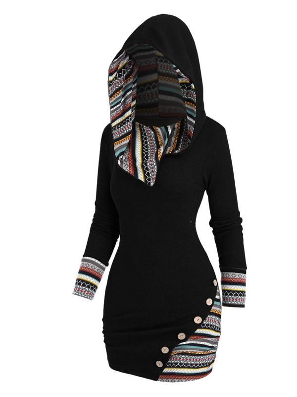 Women's Ethnic Pattern Patchwork Button Decor Hooded Dress, Casual Long Sleeve Bodycon Dress for Daily Outdoor Wear, Women Knitwear for Fall