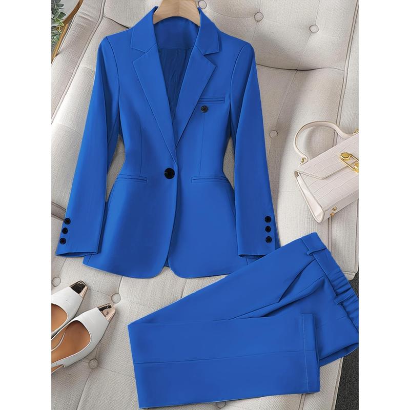 Long Sleeve Solid Color Elegant Suit Set, Slim Blazer & Straight Leg Pants, Women's Clothing