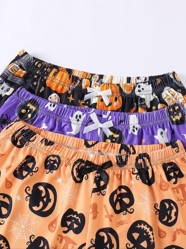  Back To School Moon cow alien Print Bow Decor Lettuce Trim Sleep Shorts, Halloween Pajamas, Casual Comfy Halloween Themed Elastic Waist Sleep Bottoms for Women, Halloween Pajamas, Women's Sleepwear for Fall