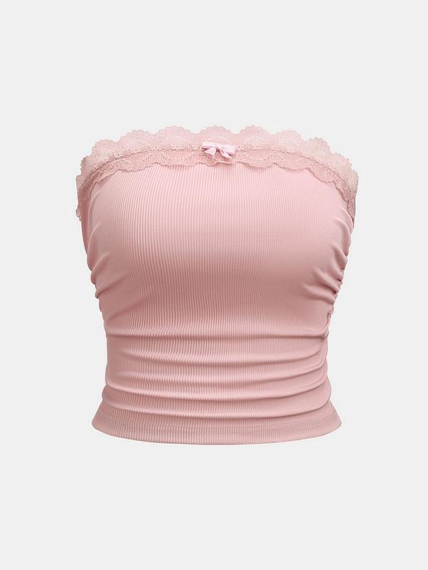 YOZY [3 Colors, Size 0 2-12] Lace Ruched Tube Top, Casual Plain Bow Front Contrast Strapless Top, 2024 Women's Daily Wear for Spring & Summer, [xs-xl]