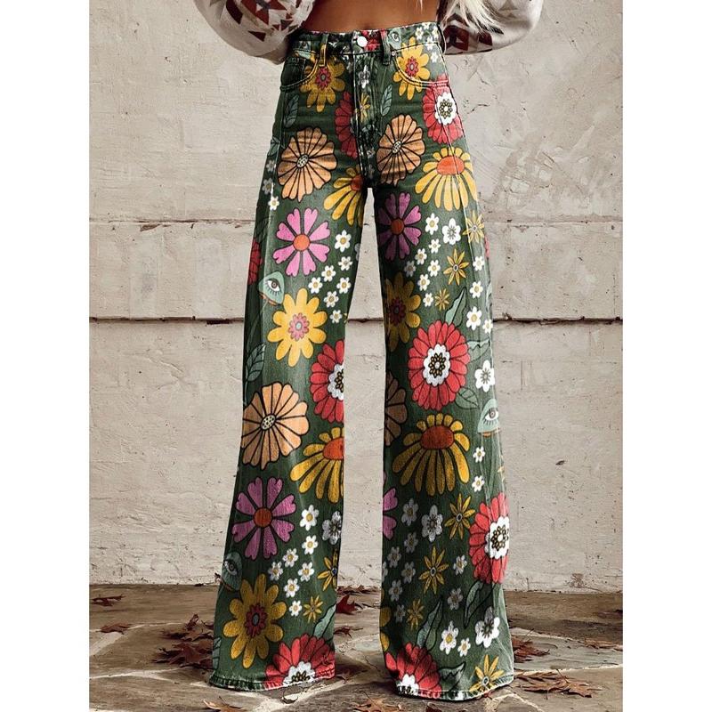 European and American plus Size Casual Pants Thin Imitation Jeans Wide Leg Pants 3D Hot Selling Women's Pants