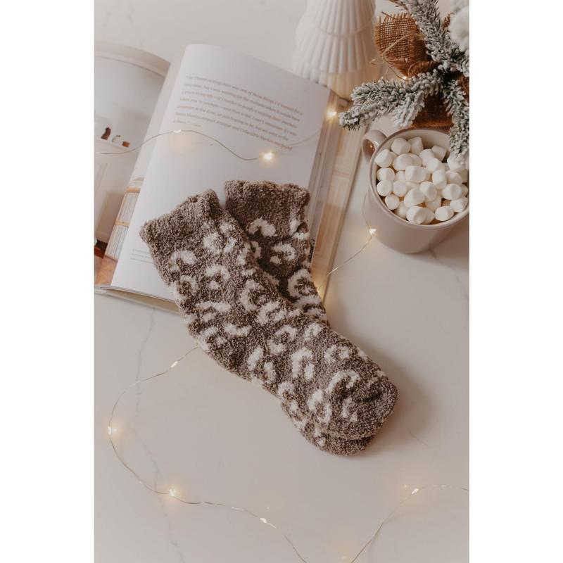 Leopard Print Fuzzy Crew Socks - Taupe - FINAL SALE