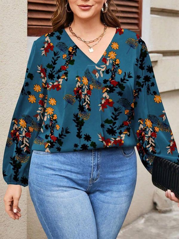  Floral Print Plicated Lantern Sleeve Blouse, Casual V Neck Long Sleeve Top for Spring & Fall, Women's Clothes for Daily Wear