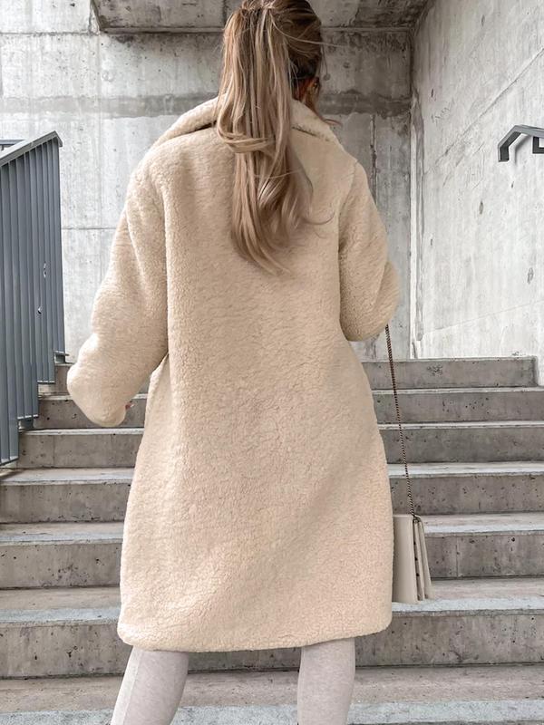 Women's Solid Button Front Fuzzy Coat, Casual Long Sleeve Lapel Neck Outerwear for Fall & Winter, Women's Clothing for Daily Wear