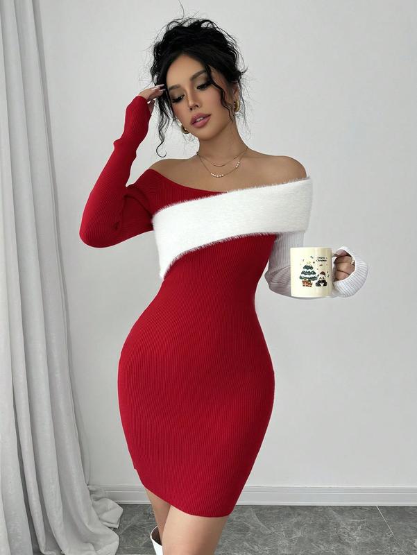 Solid Color Elegant Christmas Color Block Furry Off Shoulder Long Sleeve Sweater Dress special event daily dress