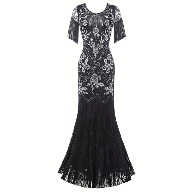 WOMEN'S flapper dress 1920s v-neck evening gown beaded maxi dress for wedding black silver