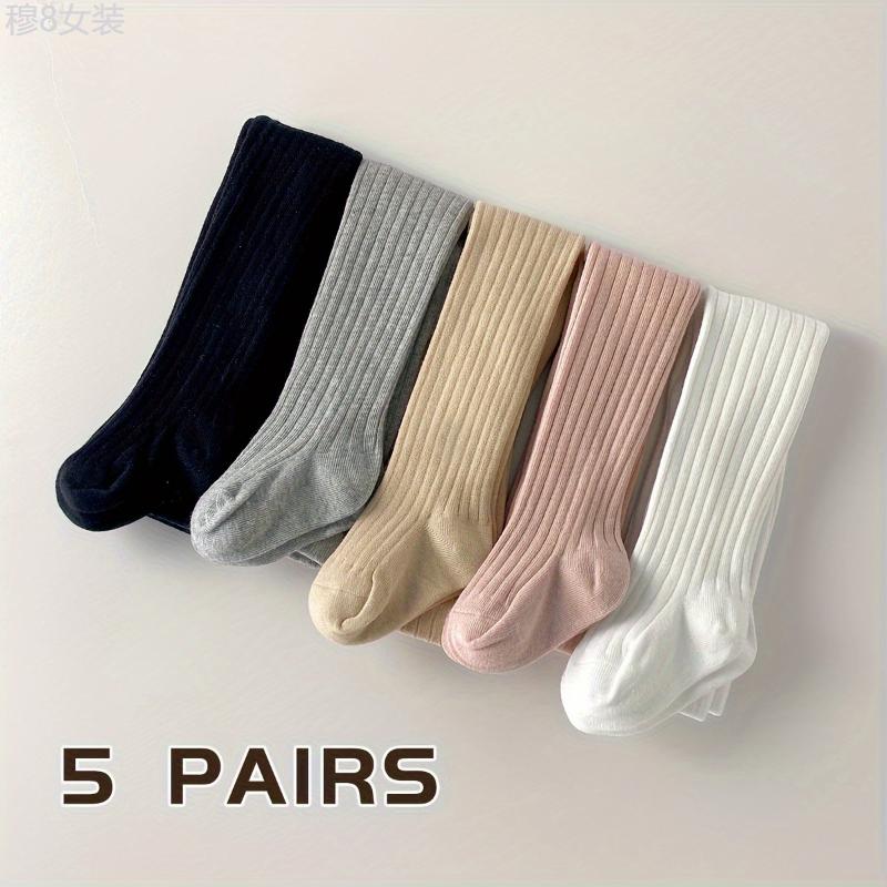 5 Pairs Girl's Knitted Solid Color Pantyhose, Cotton Blend Comfy Breathable Soft Slim-fit Socks For Outdoor Wearing