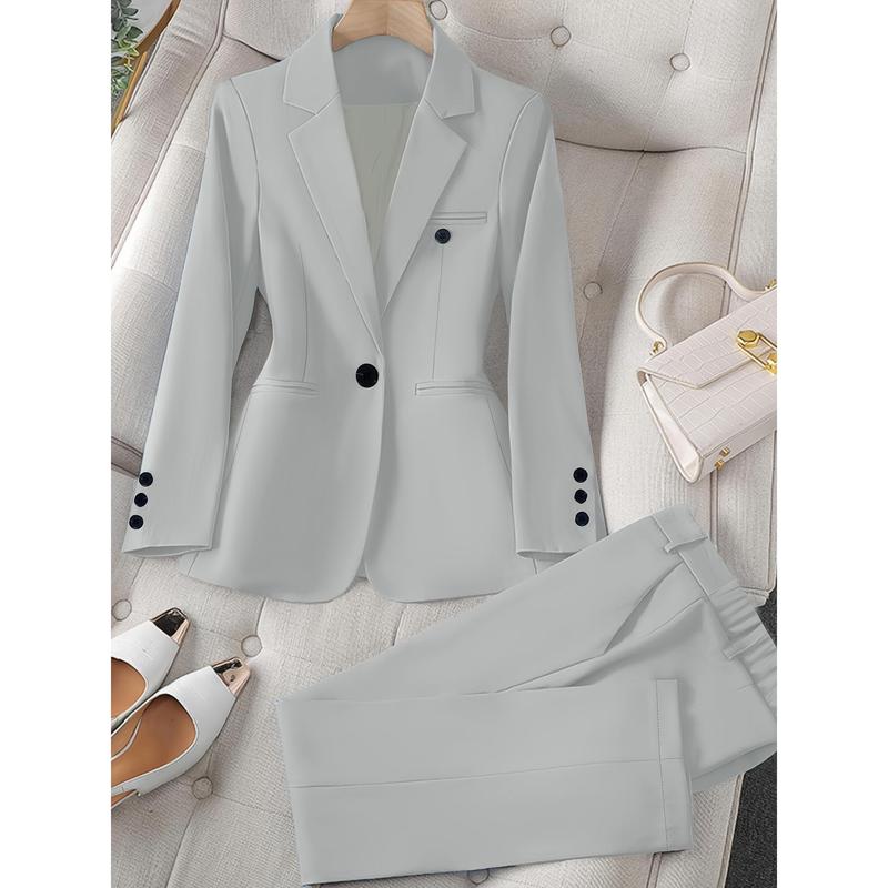 Long Sleeve Solid Color Elegant Suit Set, Slim Blazer & Straight Leg Pants, Women's Clothing