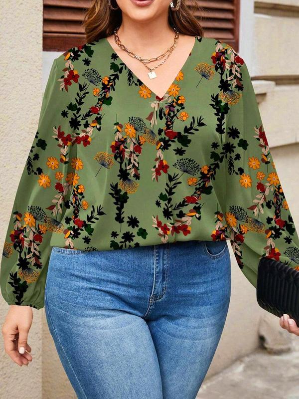  Floral Print Plicated Lantern Sleeve Blouse, Casual V Neck Long Sleeve Top for Spring & Fall, Women's Clothes for Daily Wear