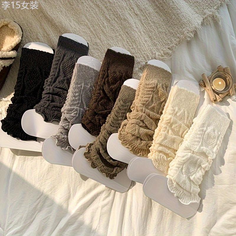 4pcs Chic Striped Lace Trim Leg Warmers for Women - Cozy Knit Knee-High Socks, Fashionable JK Style, Polyester & Spandex Blend, Hand Washable Fabric Womenswear Underwear Lady Comfort Basic Comfort Basic Minimalist