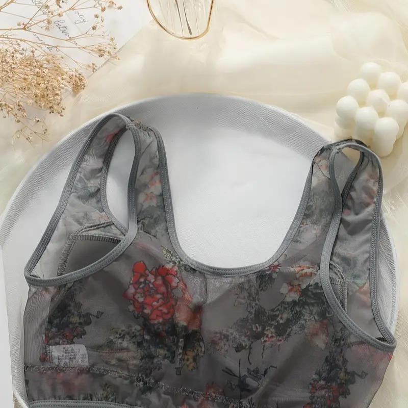 2-piece Black and grey Women's Super tulle print bra No underwire no restraint Comfortable breathable vest seamless bra for women