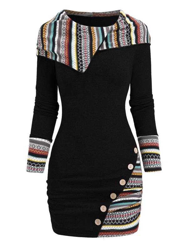 Women's Ethnic Pattern Patchwork Button Decor Hooded Dress, Casual Long Sleeve Bodycon Dress for Daily Outdoor Wear, Women Knitwear for Fall