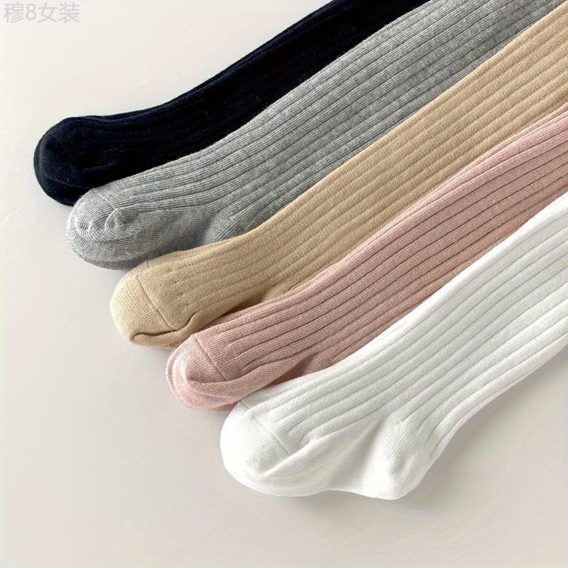 5 Pairs Girl's Knitted Solid Color Pantyhose, Cotton Blend Comfy Breathable Soft Slim-fit Socks For Outdoor Wearing