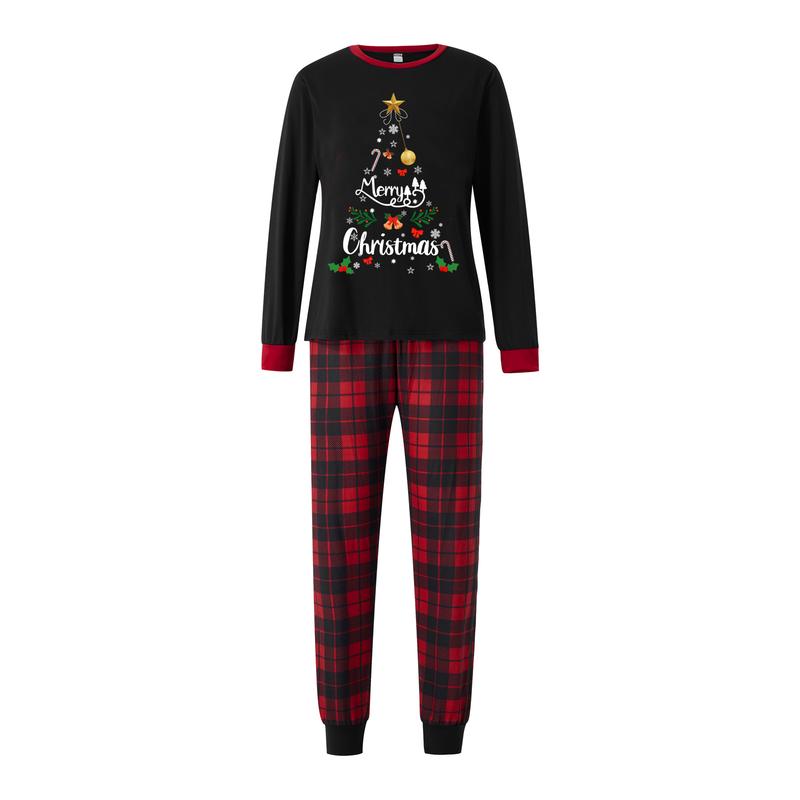 Matching Christmas Pajamas For Family, Letter & Snowflake Print Long-Sleeved Tops + Plaid Trousers Sleepwear Outfits Womenswear