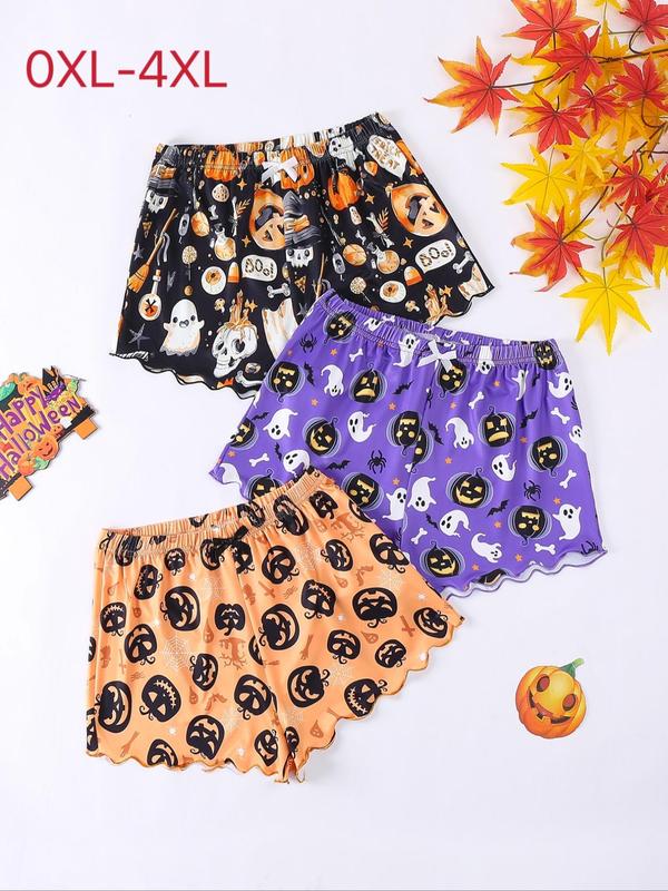  Back To School Moon cow alien Print Bow Decor Lettuce Trim Sleep Shorts, Halloween Pajamas, Casual Comfy Halloween Themed Elastic Waist Sleep Bottoms for Women, Halloween Pajamas, Women's Sleepwear for Fall